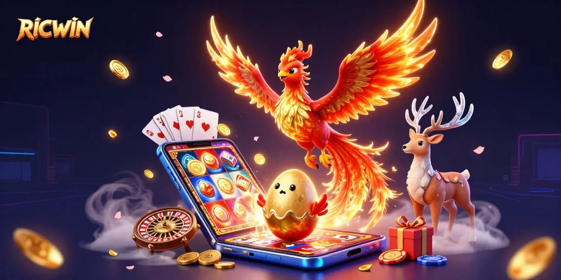 Experience the magical world of RICWIN with a vibrant fire phoenix soaring above dynamic casino elements.