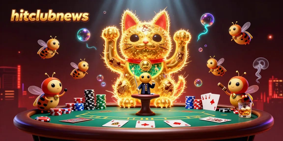 Engage with hitclubnews' vibrant casino world, featuring a lucky cat and a beetle conductor in a dynamic scene.