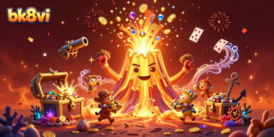Experience the thrill of bk8vi with a vibrant 3D casino illustration featuring a golden volcano erupting with treasures.