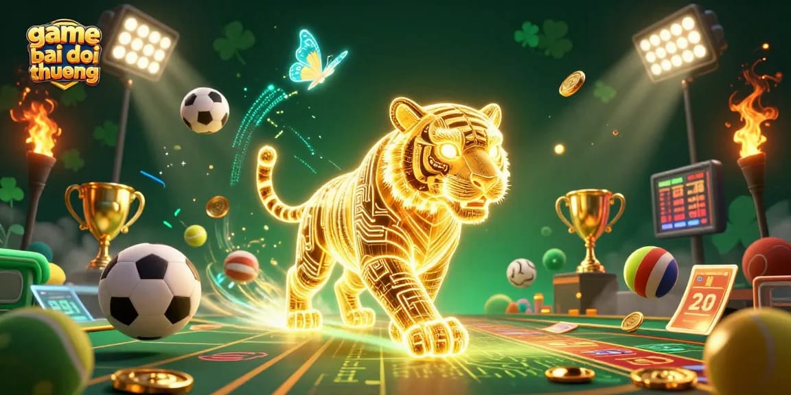 Experience game bai doi thuong with a glowing golden tiger in a vibrant casino scene.