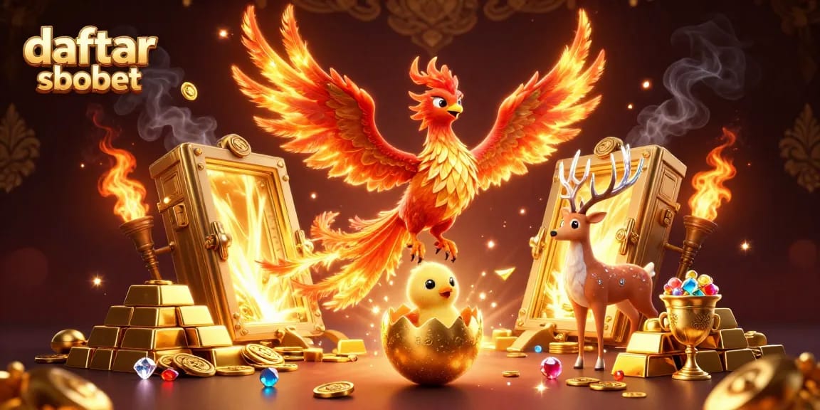 Experience daftar sbobet with vibrant phoenix, treasures, and sparkling gems in a 3D enchanting scene.