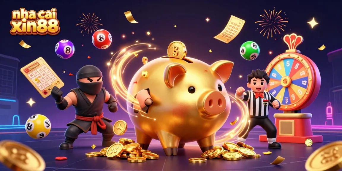 Engage with nha cai xin88's thrilling gaming atmosphere, where a sumo piggy bank battles amidst a rain of golden coins and vibrant prizes.