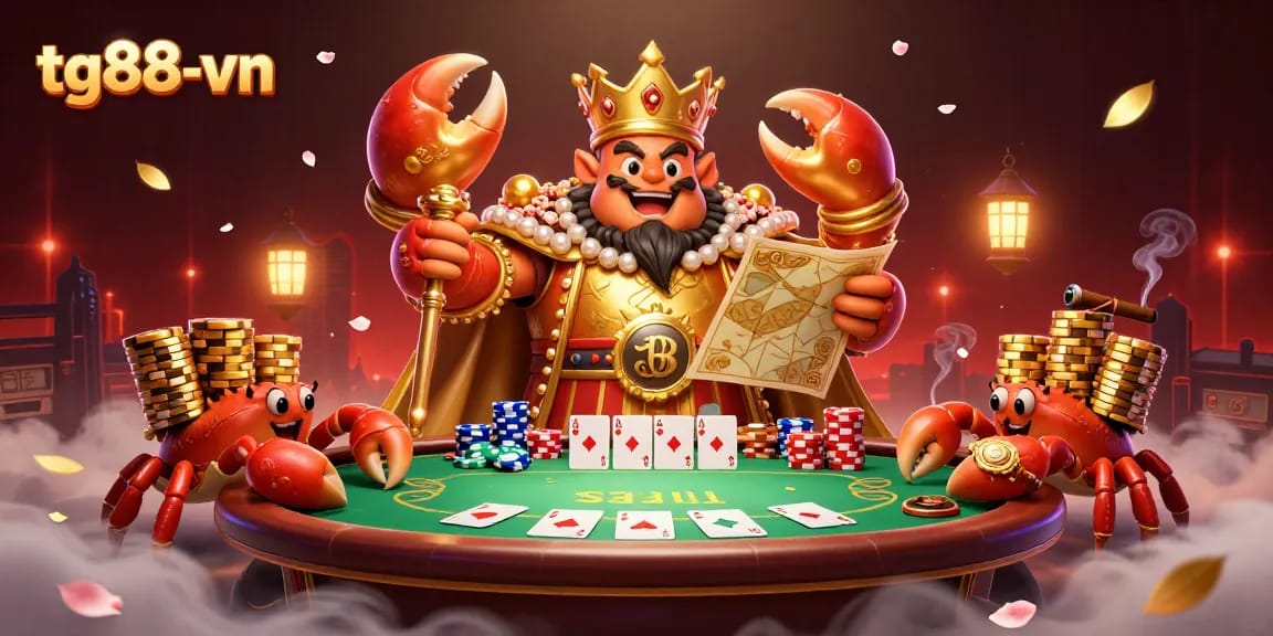 Experience the excitement of tg88-vn with a golden crab emperor and vibrant poker elements!