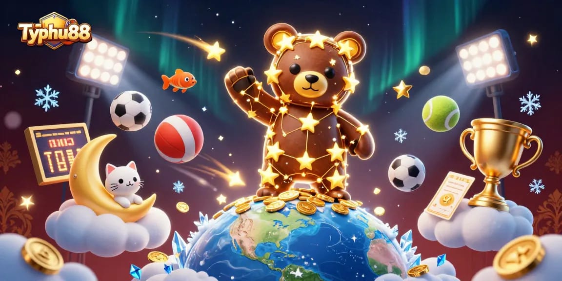 Typhu88 showcases a 3D constellation bear, sports elements, and dazzling celestial effects.