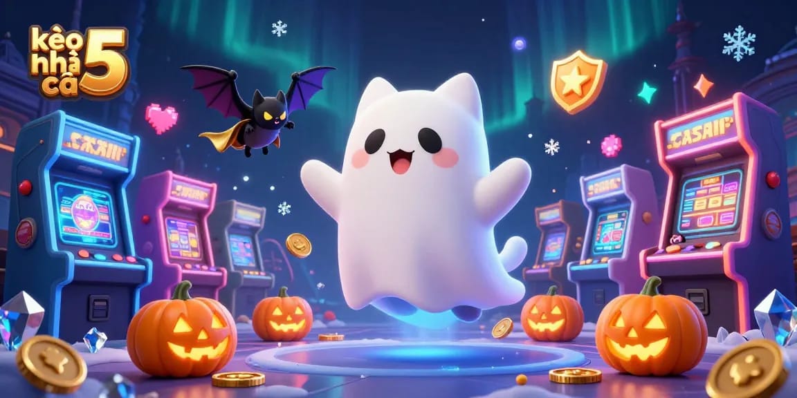 Experience thrilling gameplay with kèo nhà cái 5 in this vibrant casino scene featuring a friendly ghost cat and bat.