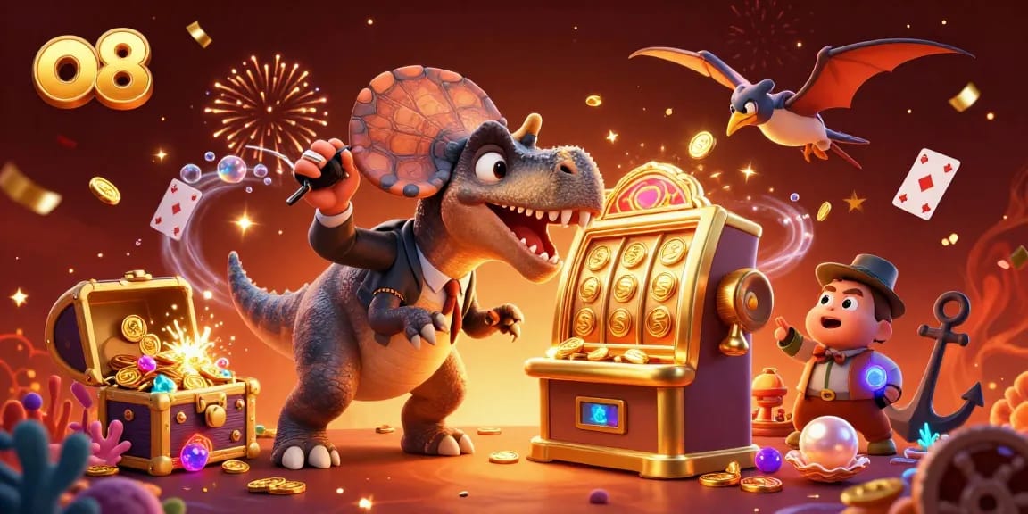 Engage with o8’s thrilling gaming experience illustrated by a dinosaur victory over a jackpot slot machine.