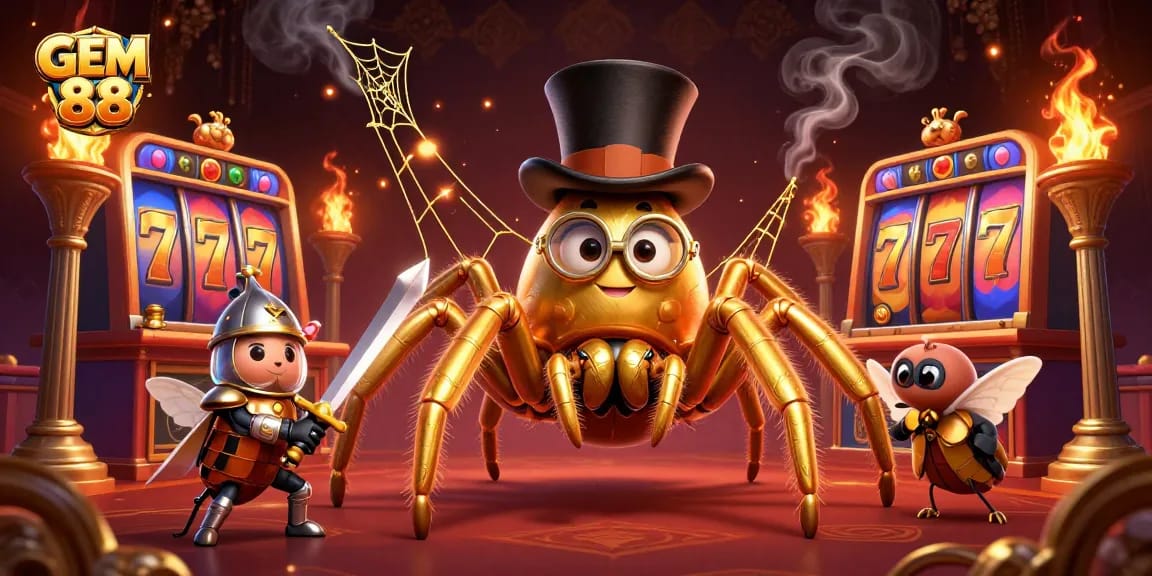 Engage with GEM 88 as a golden tarantula weaves a jackpot web surrounded by a dazzling casino scene.