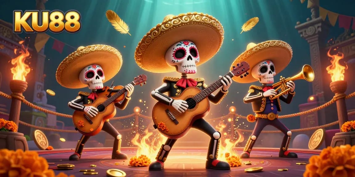 Engage with KU88 through a vibrant casino scene featuring a mariachi band in 3D.