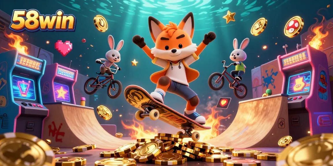 Experience thrilling gaming action at 58win with dynamic 3D characters and vibrant casino elements.