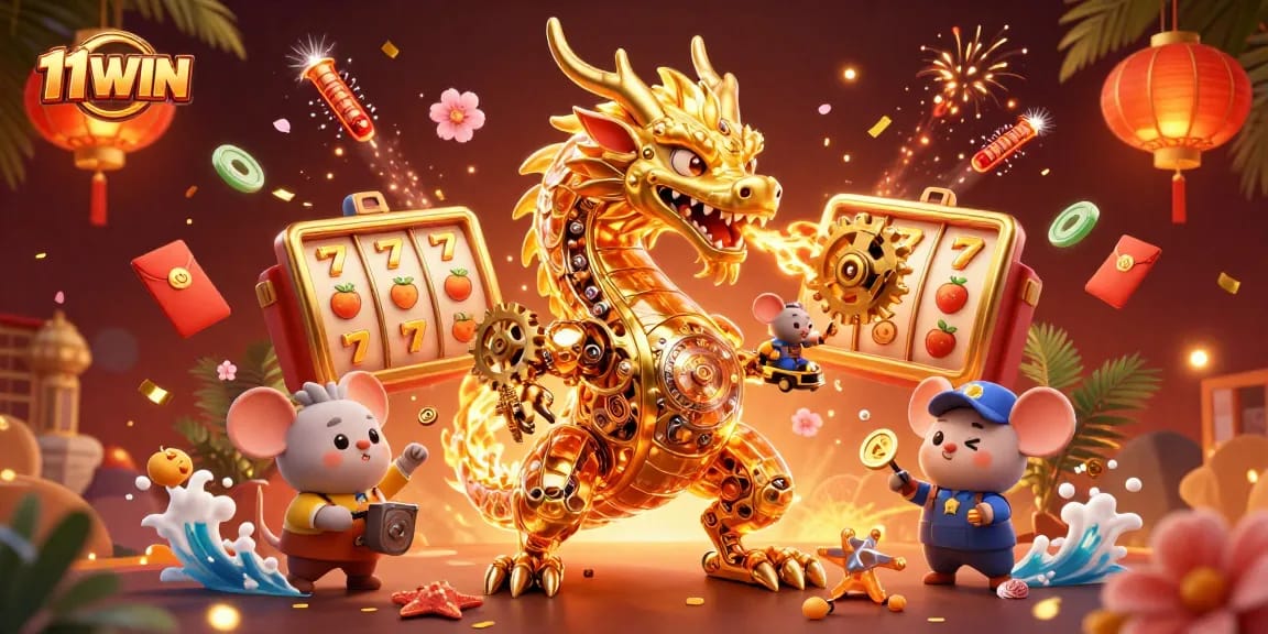Play engaging slots at 11WIN with our unique animated 3D casino scene featuring a golden dragon.