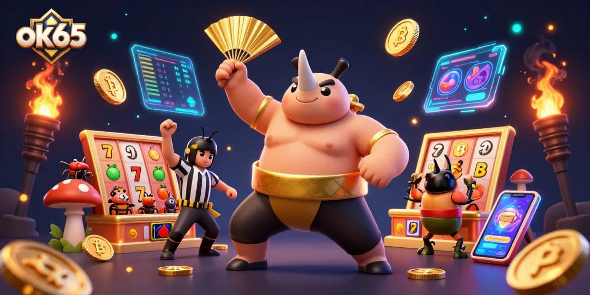 ok65 unleashes thrilling slot excitement with a sumo beetle champion amidst vibrant casino elements.