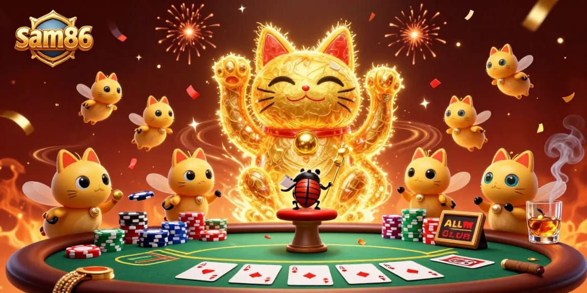 Engage with exciting casino action at sam86, featuring a lucky cat and vibrant game elements.