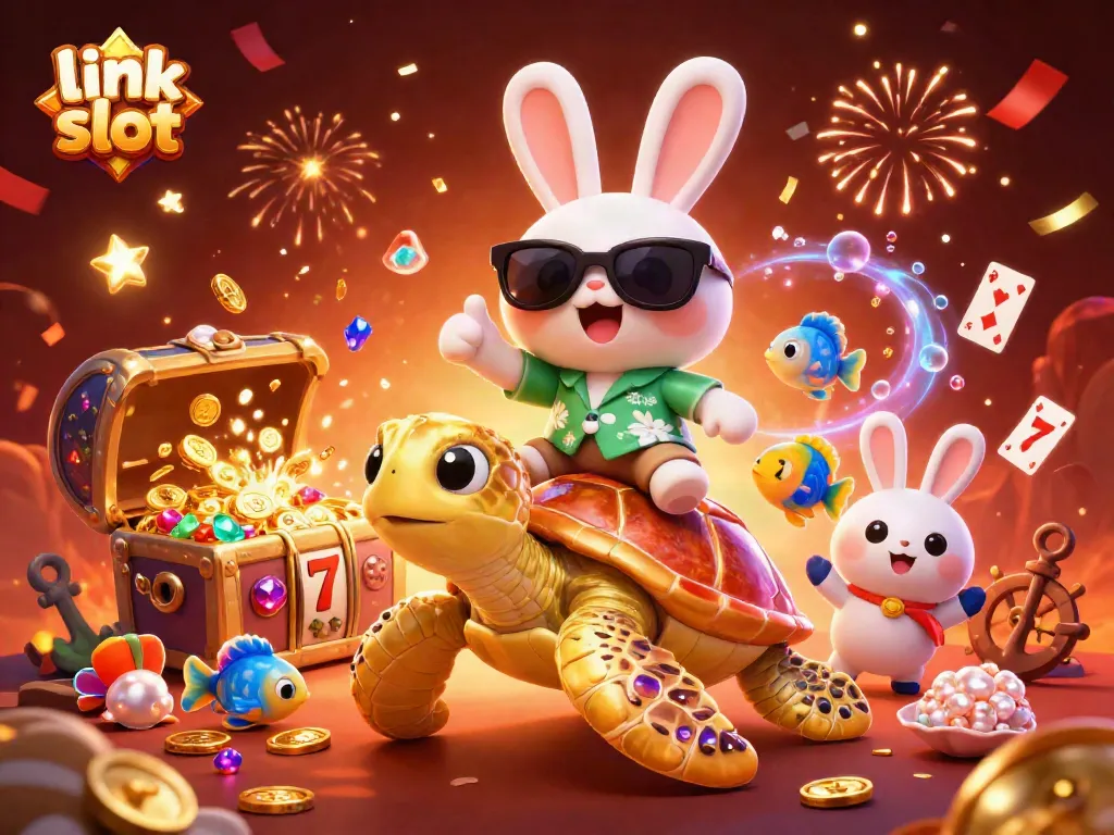 Experience the thrill of link slot with vibrant characters and celebratory elements in this captivating illustration.