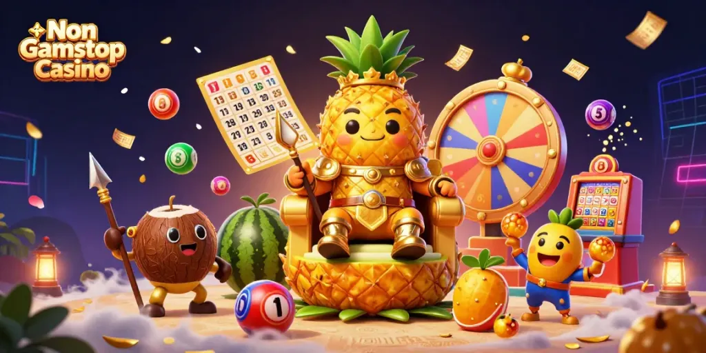 Engage with the vibrant Non Gamstop Casino scene featuring a golden pineapple king and lively gaming elements.