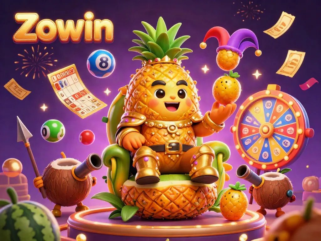 Zowin Casino scene with a golden pineapple king, vibrant colors, and dynamic game elements.