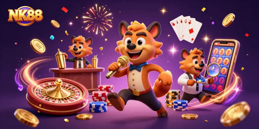 Experience the excitement of NK88 with cartoon hyenas in a vibrant casino atmosphere.