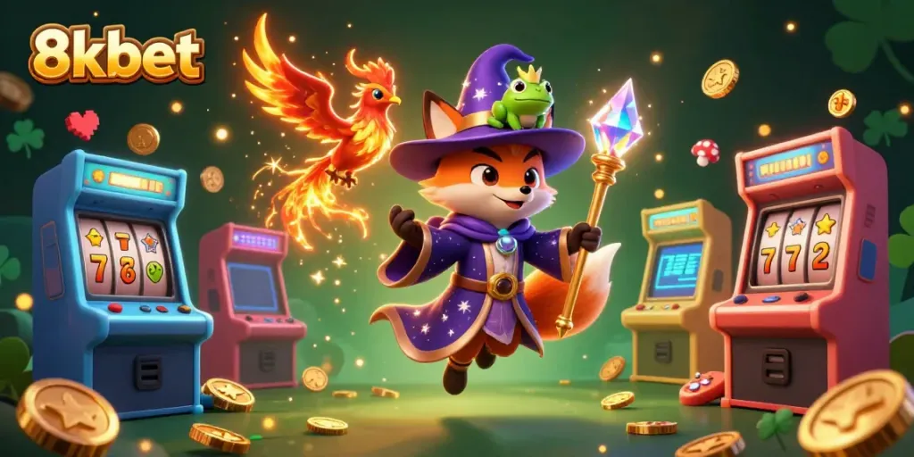 Engage with the excitement of 8xbet through this vibrant 3D casino scene featuring magical characters and gaming elements.