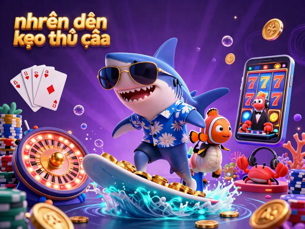 Engage with excellent nhận định kèo nhà cái through colorful shark and clownfish illustration amidst vibrant casino elements.