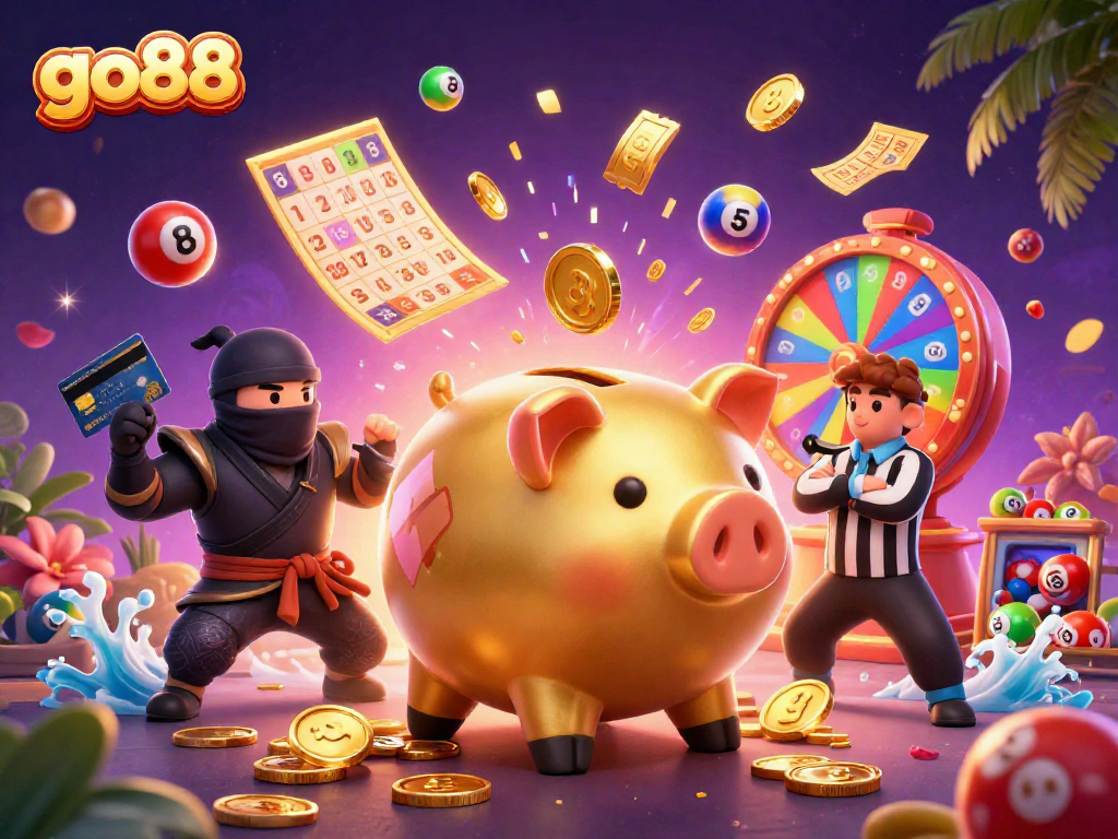 Experience vibrant gameplay with go88, featuring a golden piggy bank, ninja, samurai, and dynamic casino elements.