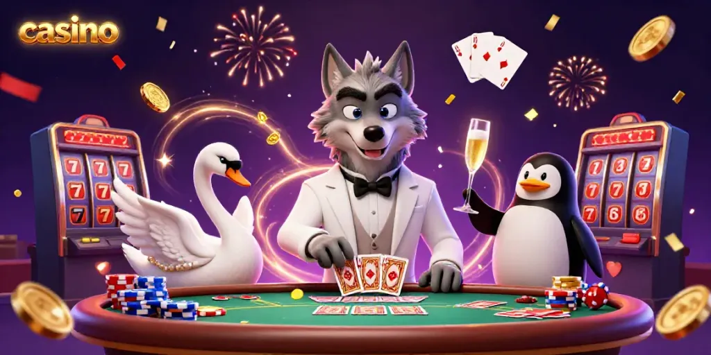 Experience the thrill of casino gaming with our dynamic 3D illustration featuring vibrant characters and lavish elements.