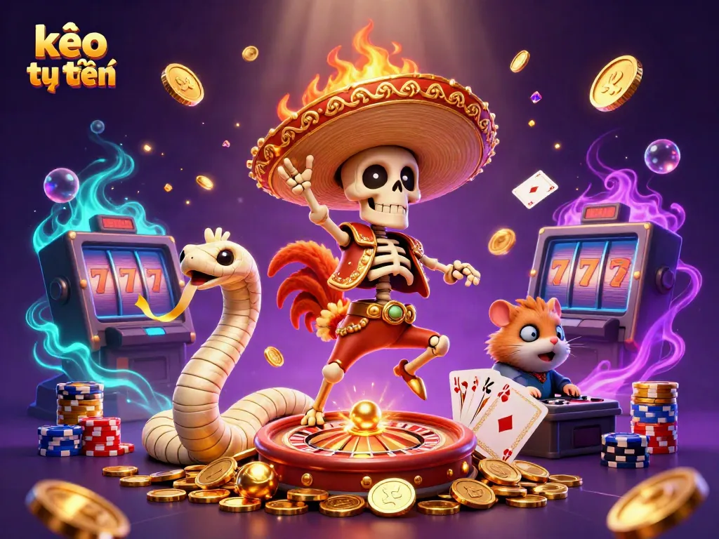Experience kèo trực tuyến excitement with a vibrant 3D fiesta scene featuring a dancing rooster on golden coins.
