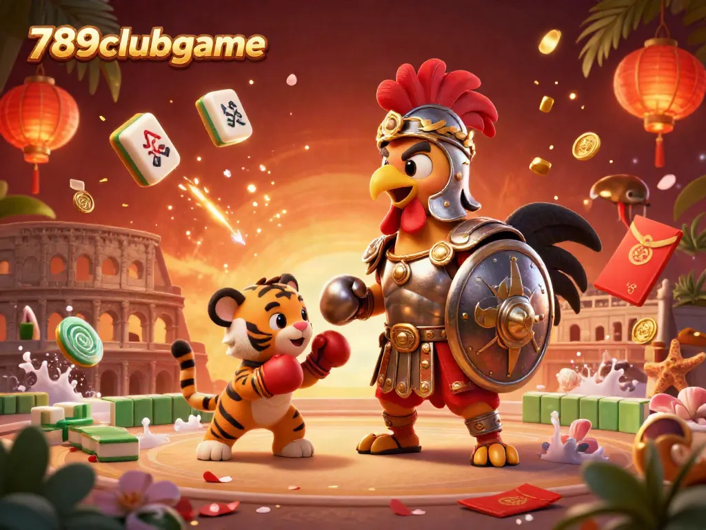 Experience the excitement of 789clubgame with a dynamic 3D illustration featuring a gladiator rooster and lively casino elements.