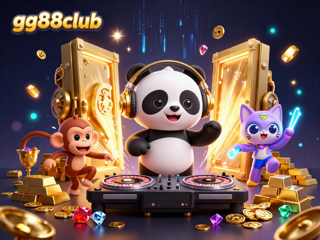 Engage with gg88club's vibrant casino experience featuring a DJ panda and animated characters.