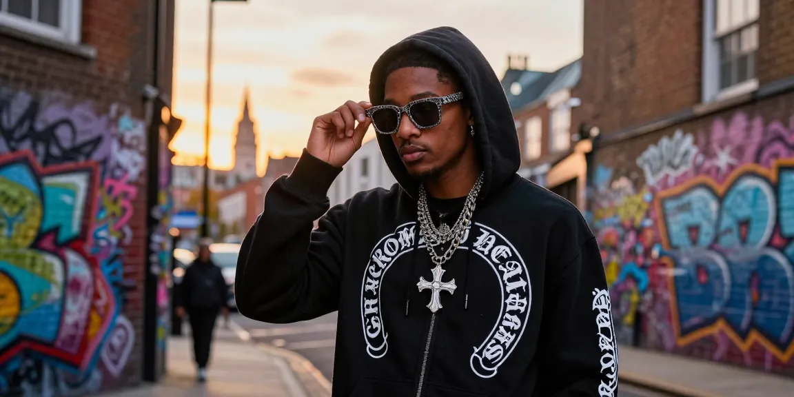 Chrome Hearts hoodie showcased in an urban fashion scene with stylish accessories and graffiti backdrop.