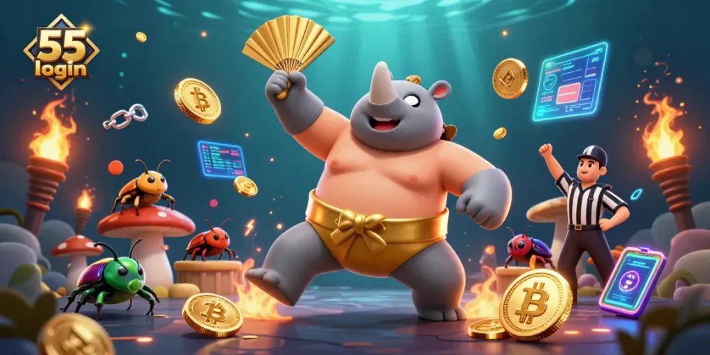 Engage with the vibrant scene of 55 club login featuring a sumo beetle champion amidst flying golden coins, enhancing the gaming experience.