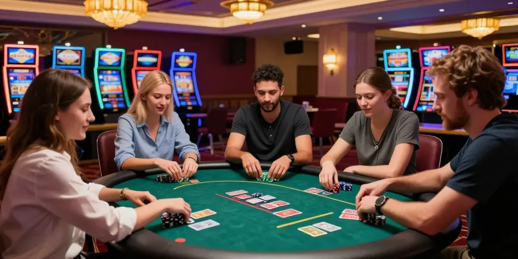 Players enjoying non UK casinos, lively poker game with vibrant chips and cards in a rich casino setting.