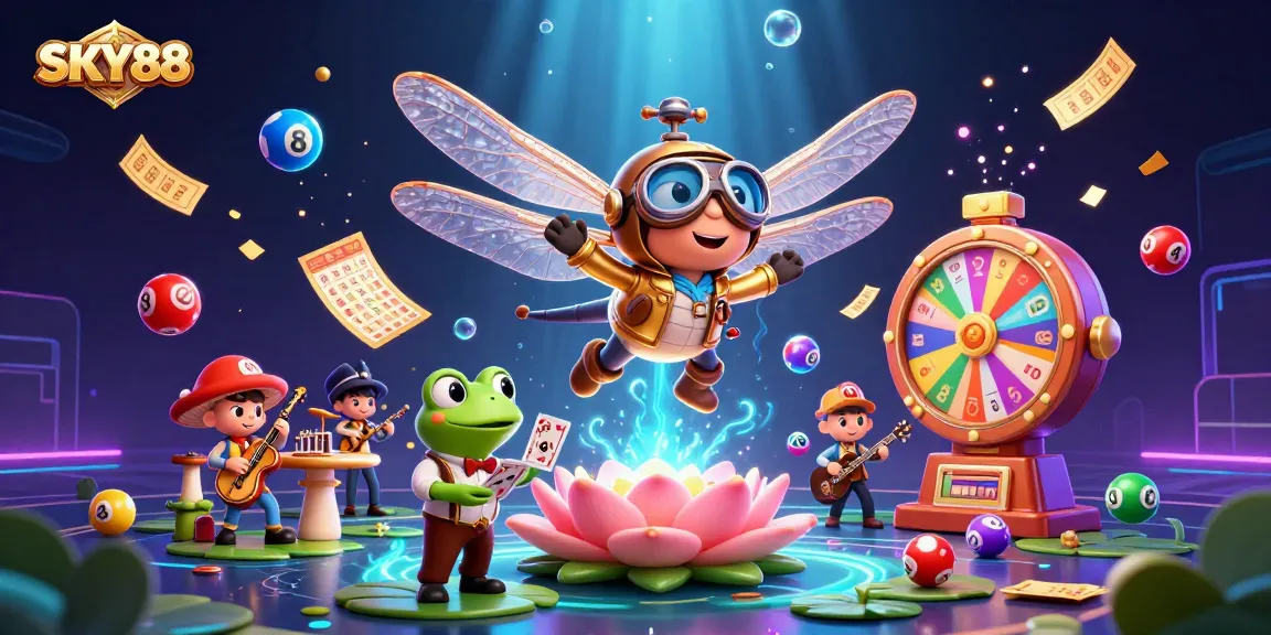 Experience the vibrant world of SKY88 with a dynamic casino scene filled with colorful games, characters, and excitement.