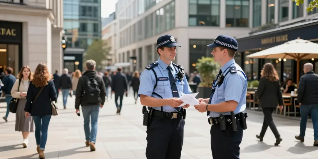 Security Guard ensuring safety in a busy London area, community-focused local service.