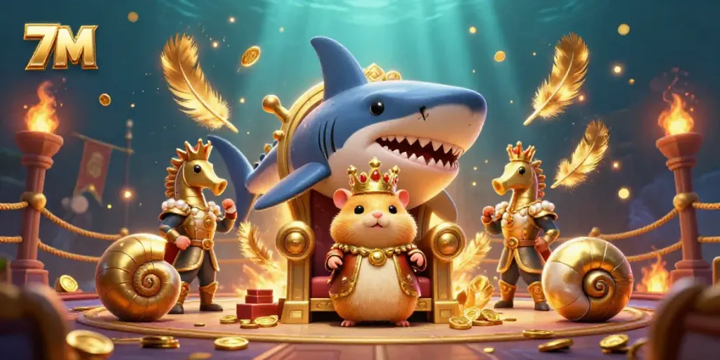 Experience exciting gaming with 7M's vibrant scene showcasing a charming hamster king and lively casino elements.