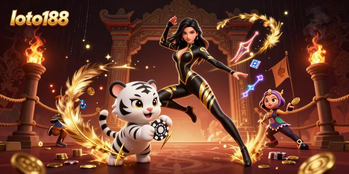 Experience thrilling moments at loto188 with an adventurous woman and a playful white tiger amidst vibrant casino elements.