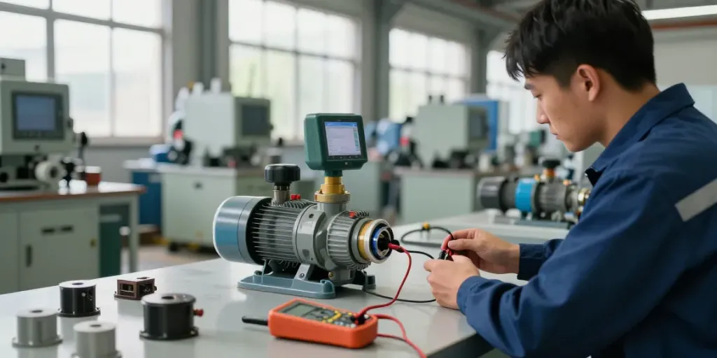 Water pump pressure switch being inspected by technician in industrial setting.