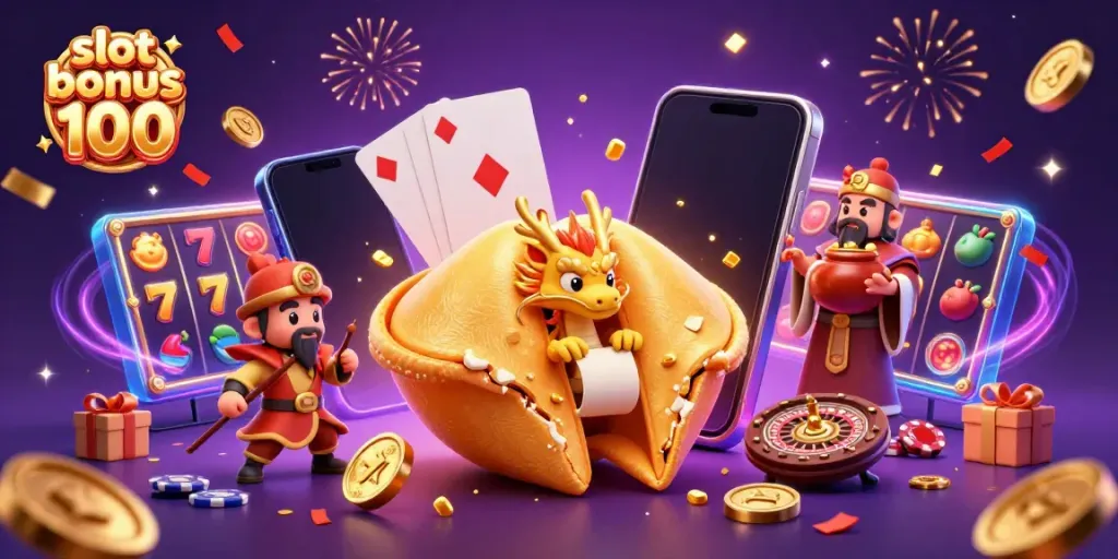 Experience the excitement with slot bonus 100 featuring a giant golden fortune cookie and vibrant casino elements.