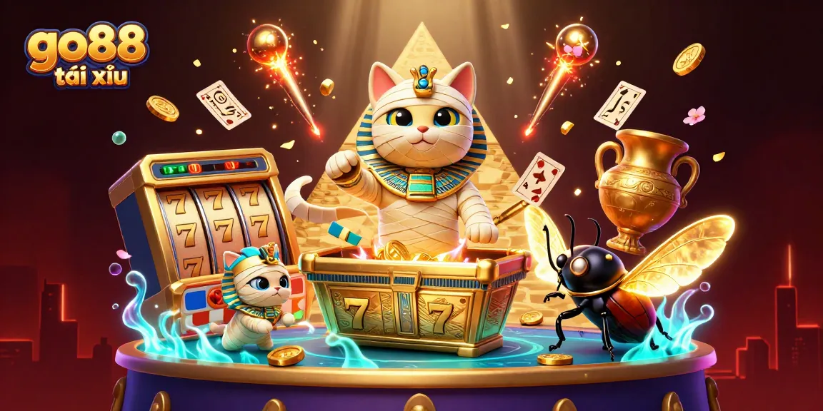Experience the excitement of go88 tài xỉu with an animated mummy cat and vibrant casino elements.