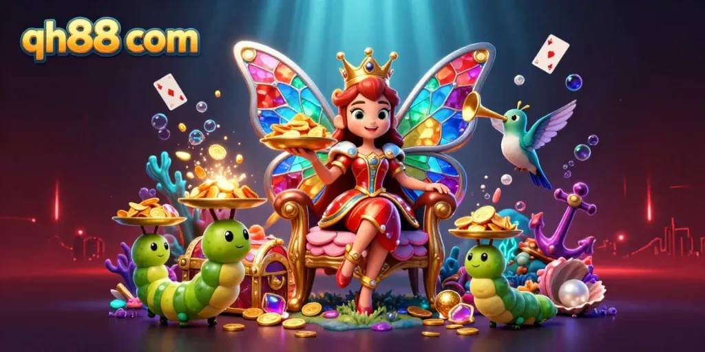 Experience the vibrant world of qh88 com with the jeweled butterfly queen amidst treasure and casino magic.