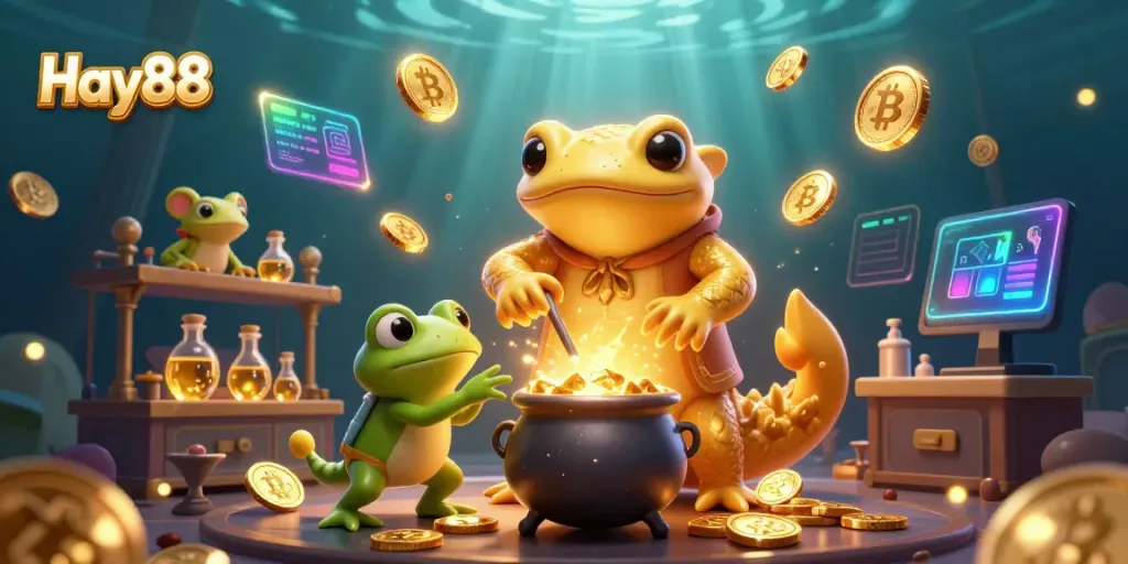 Engage in Hay88's online gambling with a vibrant illustration of fantasy characters transmuting gold coins.