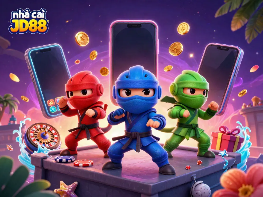 Engaging scene showcasing nhà cái JD88's dynamic gaming environment with ninja chameleons and vibrant casino elements.