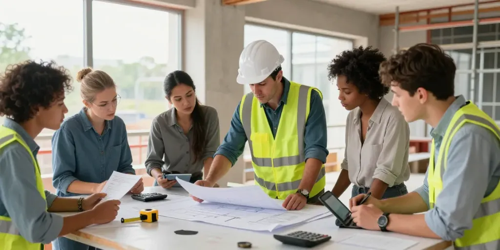 Collaboration among quantity surveyors on construction cost planning at a site, fostering teamwork and focus.