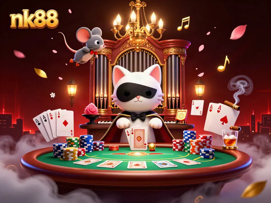 Experience the thrill of nk88 as the phantom cat plays tunes above a vibrant poker setup.