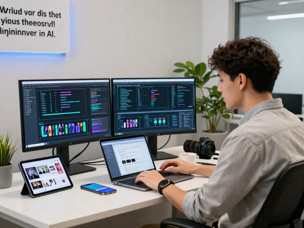Workspace scene showcasing nsfw ai technology with vibrant algorithms, analytics dashboard, and professional setting.