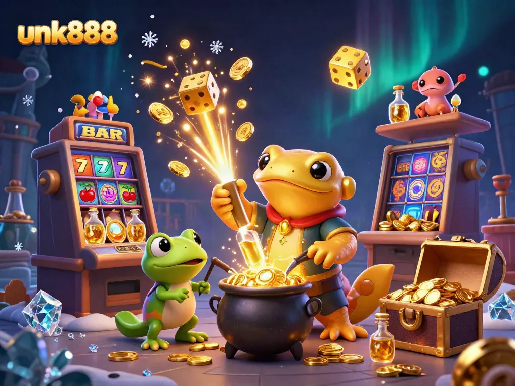 Experience jackpot excitement with unk888 in a colorful casino scene featuring a golden salamander alchemist.
