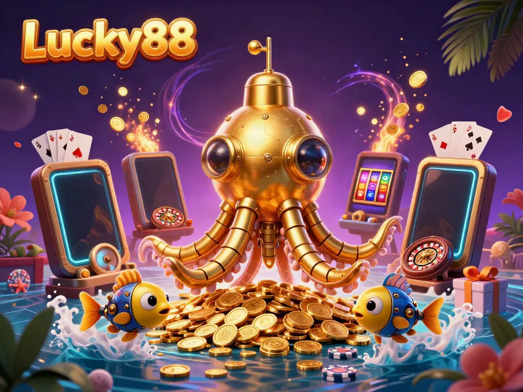 Engage with Lucky88's golden kraken submarine and mechanical fish amidst a sea of coins, celebrating online gaming adventure.