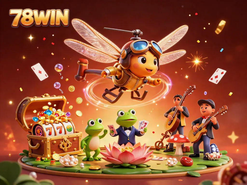 Experience thrilling gameplay at 78WIN, a vibrant casino scene featuring characters and slot elements.