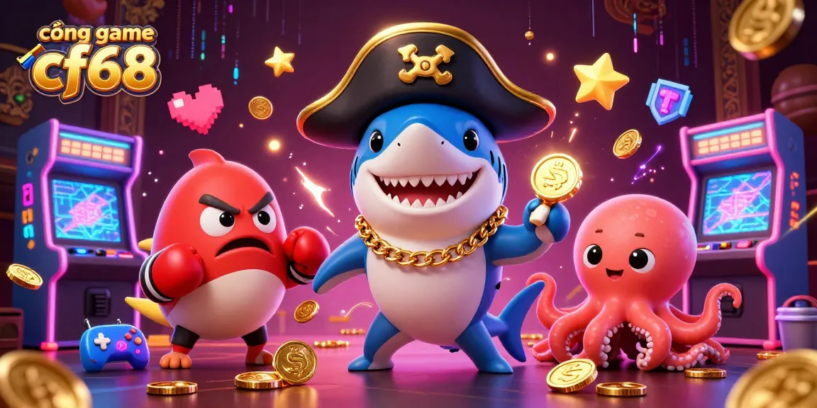 Engage with cổng game cf68's exciting features through this dynamic 3D scene of gaming characters and elements.