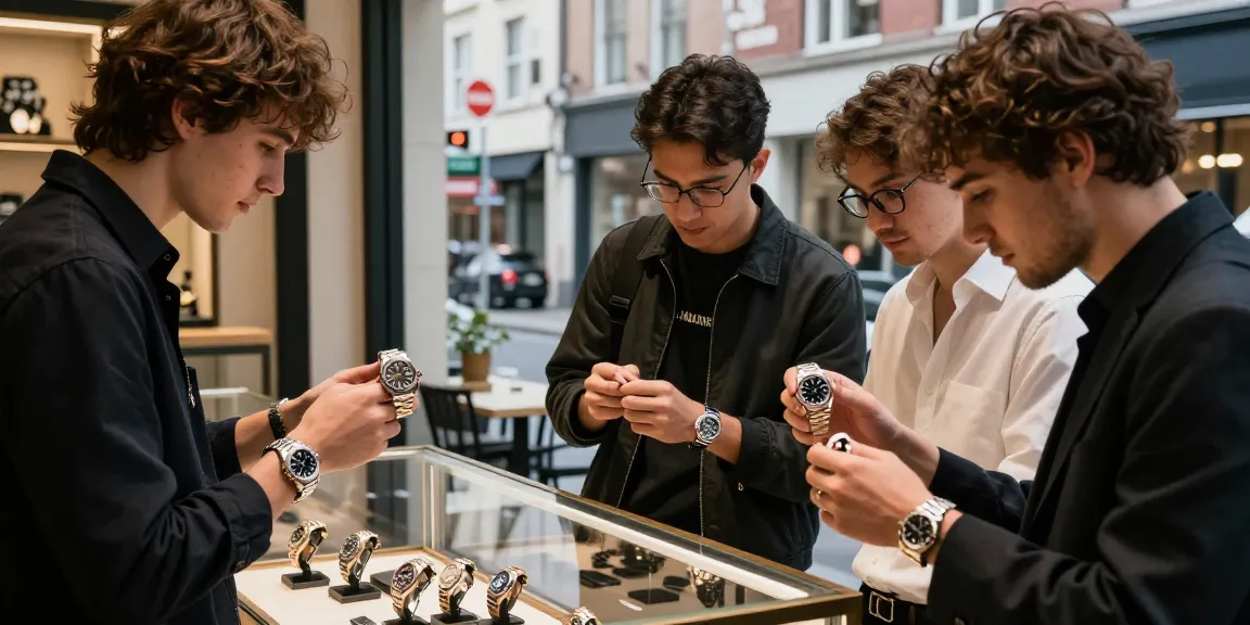 Luxury watch enthusiasts exploring high-quality replica watches in an urban boutique.