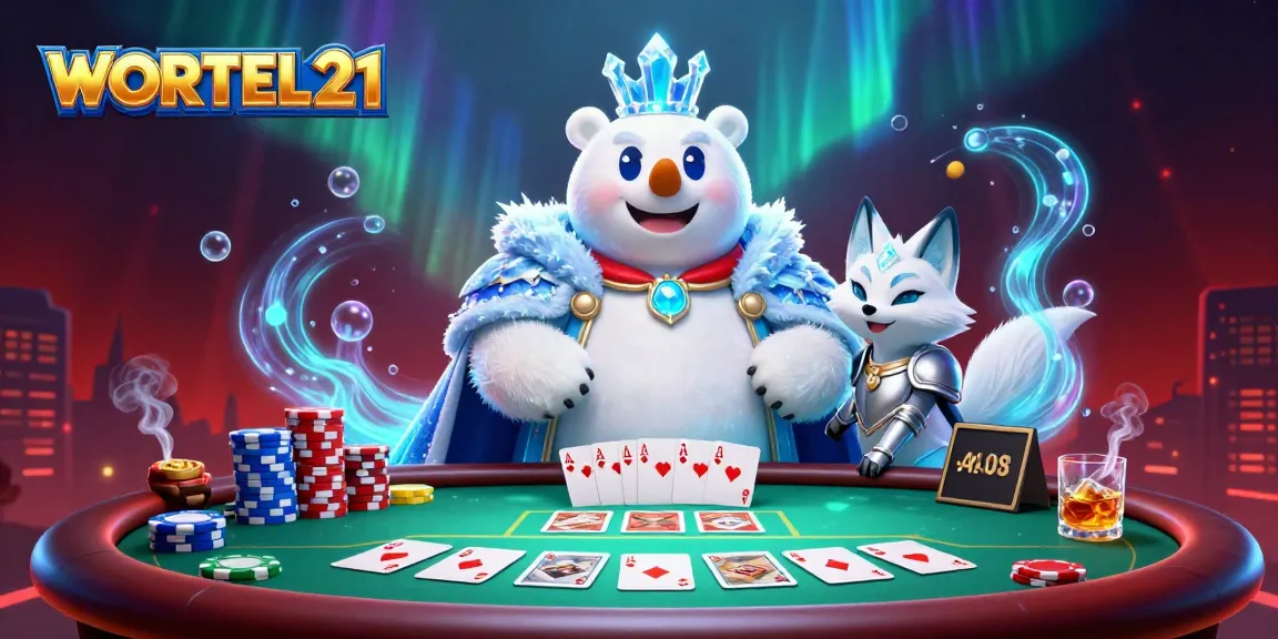 Engage in poker strategy with WORTEL21 featuring a cartoon ice king polar bear and snow fox amidst vibrant casino elements.