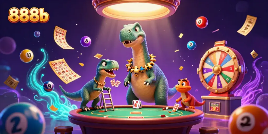 Engage with fun at 888b casino, featuring a playful brontosaurus, raptor dealer, and vibrant game elements.